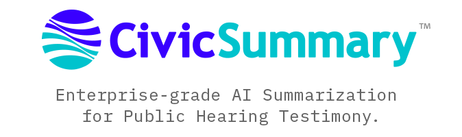 CivicSummary logo showing an AI tool for public hearing testimony summaries