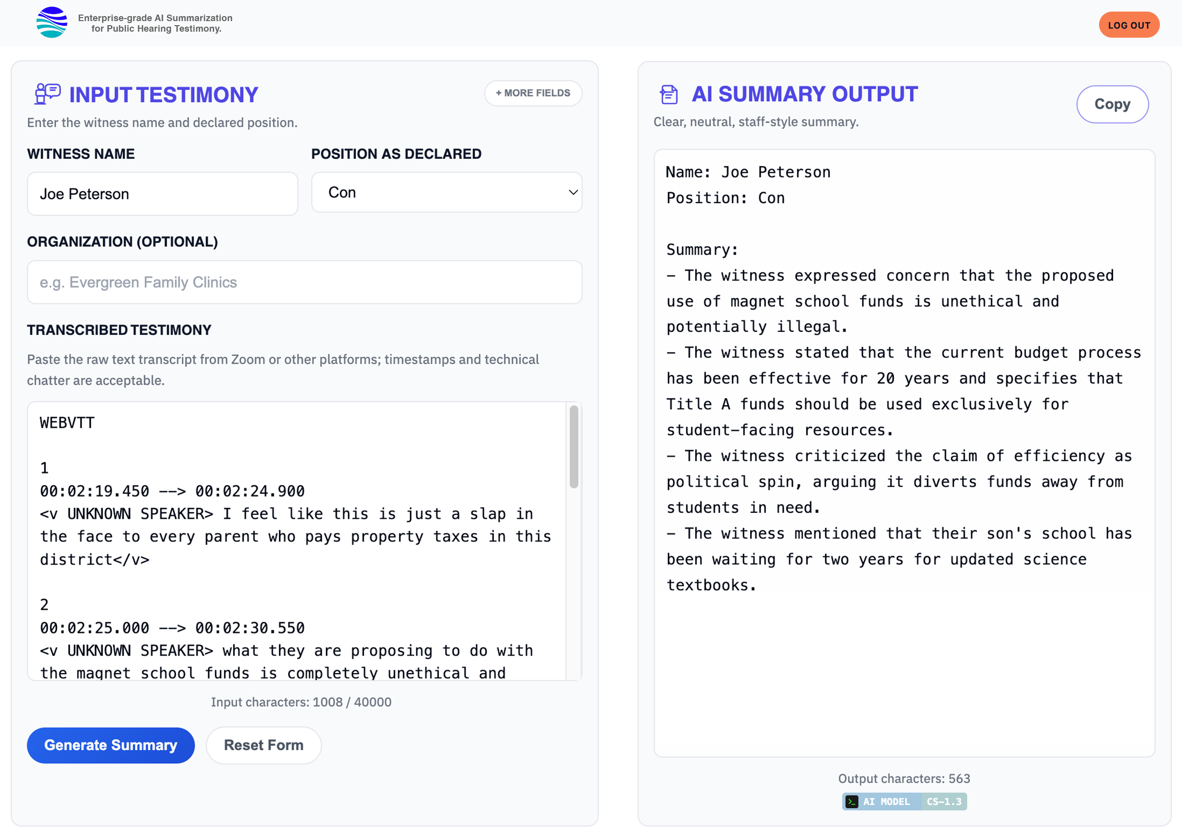 Screenshot of the CivicSummary web app with testimony input and AI summary output panels